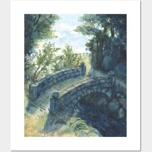 bridge over the river - traditional watercolour painting Posters and Art